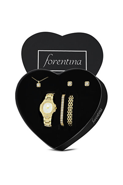 Forentina Altın Kaplama Tektaş Kolye Küpe Bileklik Saat Kombin Set PS3874