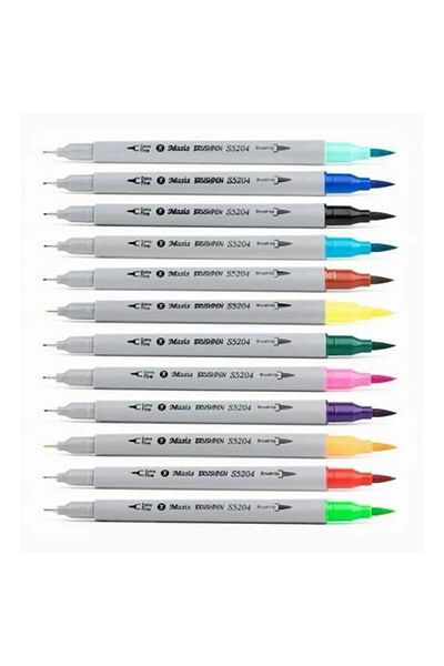 Masis Fineliner Pen Reversible 12 Colors 1 Pack Brush Tip and Fineliner Brushpen 12 Pieces Felt Tip Pen Thick