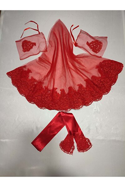 Leyli Kına Özel Kırmızı Fransız Dantelli Gelin Kına Duvağı, Kemer ve Eldiveni...