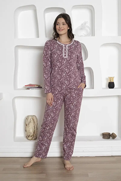 ALİMER Çiçek Desenli Kadın Pijama Takımı - Likralı Penye Uzun Kollu 2809UKL