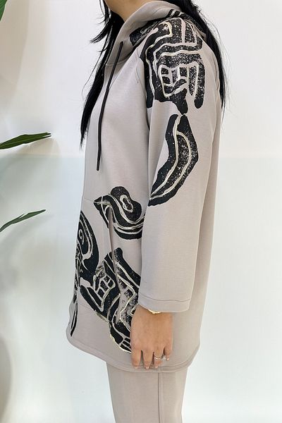 GÖKSEL Beige Plus Size Hooded Printed Suit
