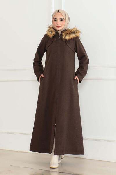 SGS Καφέ γούνινο παλτό με κουκούλα