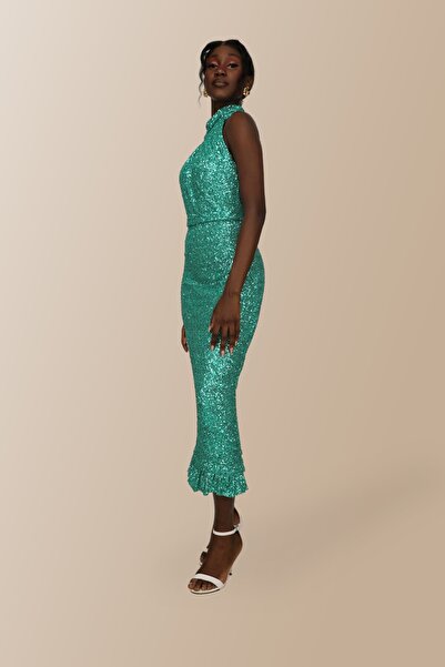 Elif Naz Moda Evi fıstık yeşili boğazlı kolsuz maxi elbise