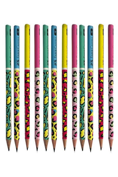 Faber Castell 12 Pcs Safari Round Pencils - 1 Pack Faber 2B Black Lead with Safari Pattern