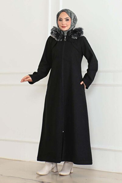 SGS Μαύρο γούνινο παλτό με κουκούλα