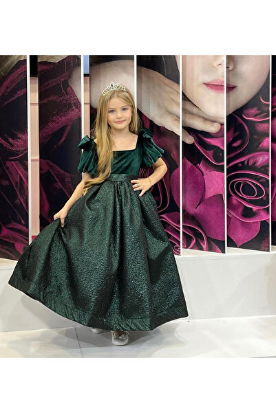 miniklerin dünyası KIZ ÇOCUK ÖZEL GÜN KABARIK ABİYE ELBİSE ZÜMRÜT