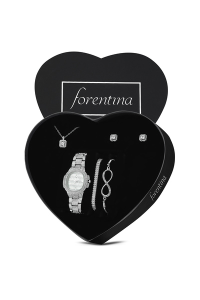 Forentina Gümüş Kaplama Baget Kolye Küpe Bileklik Saat Kombin Set PS3873