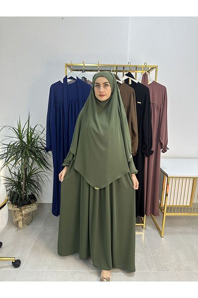 R&S modibone عباية عباية خضراء - طقم فستان مع وشاح سوفلي وحزام وقميص علوي للحج والعمرة
