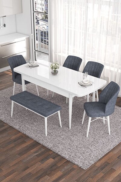 Canisa Concept Eva Serisi 80x132 Açılabilir MDF Mutfak Masası Takımı Beyaz Masa 4 Füme Sandalye 1 Bench