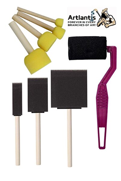 Artlantis Rulo Kesik Uçlu ve Tampon Sünger Fırça Seti 8 Parça 1 Paket Ponpon Akrilik Boya Yağlı Boya Guaj Boya