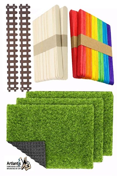 Artlantis Maket Yapım Seti A4 Suni Çim Renkli ve Naturel Dondurma Dil Çubuğu Maket Çim Yapay Çim Ahşap Dondurm