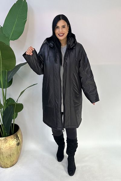 GÖKSEL Round Patterned Plus Size Coat - Black