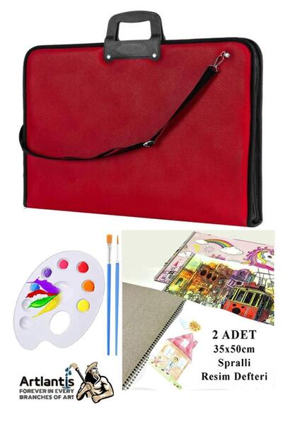 Artlantis Resim Çantası 35x50 cm Resim Defteri Palet Fırça Seti 1 Paket Kırmızı Resim Proje Çantası Fermuarlı