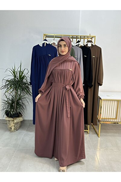 R&S modibone Dusty Rose Dress Set with Shawl and Top Robe Belt - Hijap and Abaya (Suitable for Hajj and Umrah)