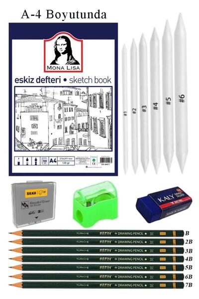 Artlantis Eskiz Defteri A4 50 Yaprak Karakalem Çizim Seti Gölgelendirme Kalemi Hamur Silgi Fatih Dereceli Kale