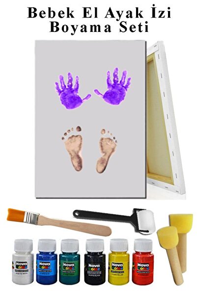 Artlantis Bebek El Ayak İzi Tuval 25x35 cm Boyama Seti 1 Paket Parmak Boyası Zemin Fırça Rulo Fırça Ponpon Fır