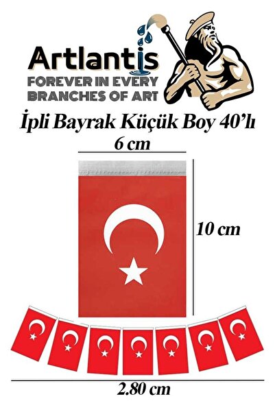 Artlantis İpli Bayrak Küçük Boy 40'lı 6x10cm 1 Paket Türk Bayrağı Kağıt İpli ...