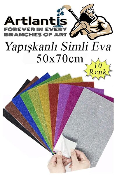 Artlantis Simli Yapışkanlı Eva 50x70 cm 10 Renk 1 Paket Simli Yapışkanlı Eva Süngeri 10'lu Okul Kreş Anasınıfı