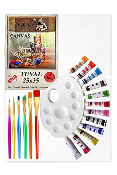Artlantis Guaj Boya Hobi Boyama Seti 1 Paket 25x35 cm Tuval 12 li Guaj Boya Tüp Resim Paleti Fırça Seti 6 lı