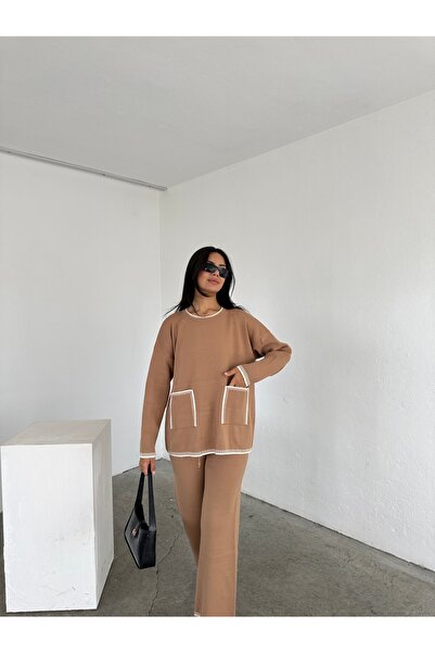 sportiness طقم تريكو واسع الساق مع تفاصيل جيب كبيرة الحجم