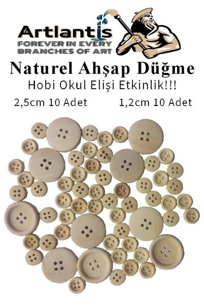 Artlantis Düğme Naturel Ahşap 60 Adet 1 Paket Okul Kreş Sanat Etkinlik Anasın...