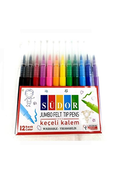 Südor Jumbo Keçeli Boya Kalemi Yıkanabilir12 Renk 1 Paket Keçeli Kalem 12 li