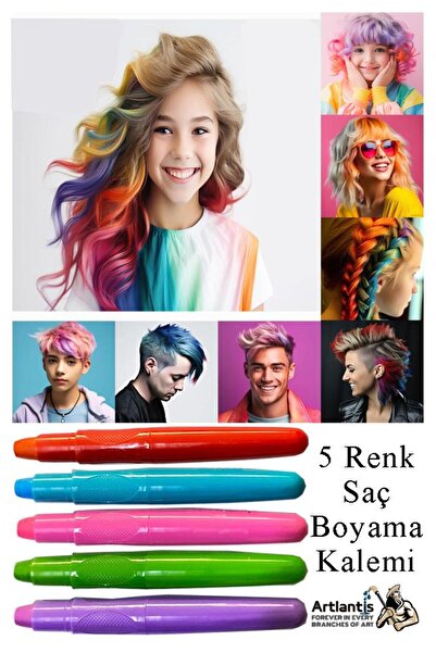 Artlantis Saç Boyama Kalemi 5 Renk 1 Paket Bubu Saç Boyama Tebeşiri 5 Li Yıka...
