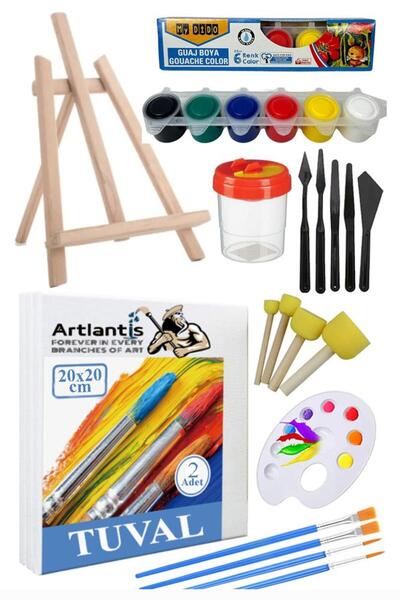 Artlantis 20x20 Tuval Seti 1 Paket Masa Üstü Şövale Mydido Akrilik Boya Plastik Spatula Resim Fırçası Palet Po