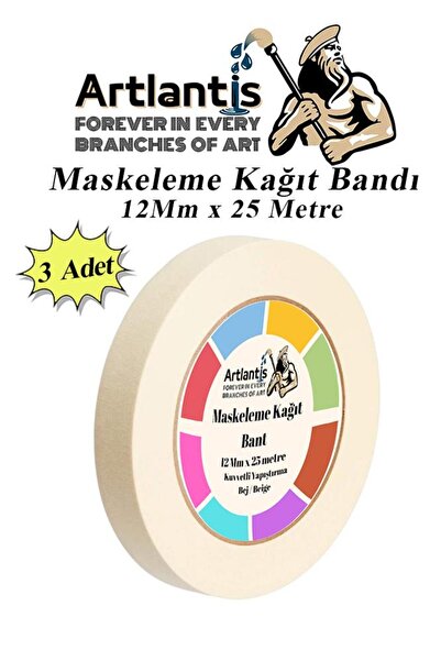 Artlantis Maskeleme Bandı Kağıt Bant 12 mm 25 Metre 3 Adet Boya Bantı Maskele...