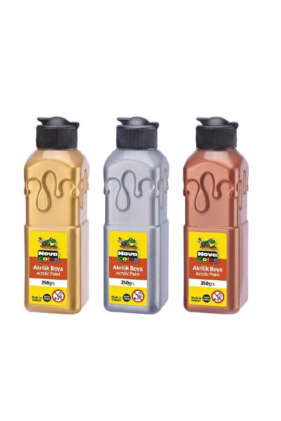 Nova Color Akrilik Boya 250 Ml 3 Renk Altın Sarı - Gümüş Gri - Bakır Yaldız 1 Paket Nova Color Akrilik Boyalar
