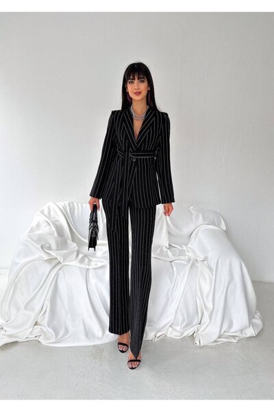 NILOO Damenanzug, Blazer mit Gürtel und Schalkragen, Jacke, flexible Hose mit Röhrenbeinen