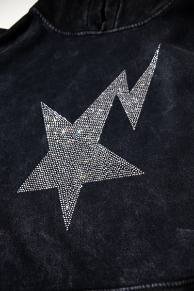 Sekizbiraltı Shining Star Taş Baskılı Oversize Unisex Premium Yıkamalı Siyah Hoodie