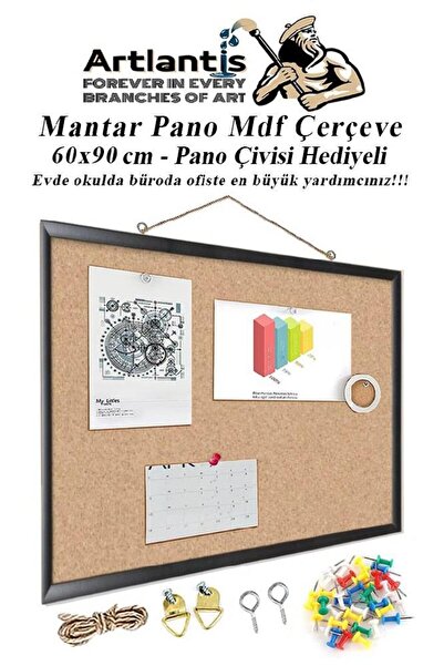 Artlantis Mantar Pano Mdf Çerçeve 60x90 cm 1 Adet Harita Çivisi Hediyeli Duvara Monte Mantar Çerçeve Evde Okul