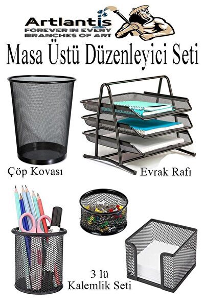 Artlantis Masa Üstü Siyah Fileli Kalemlik Çöp Kovası ve 3 Katlı Evrak Rafı 5 Parça 1 Paket 5 li Masa Üstü Düze