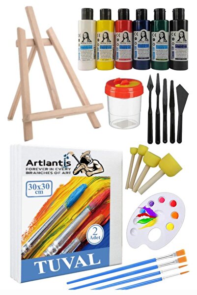 Artlantis 30x30 Tuval Seti 1 Paket Masa Üstü Şövale Monalisa Akrilik Boya Plastik Spatula Resim Fırçası Palet