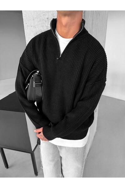 ablukaonline Černý pánský oversize svetr s polovičním zipem