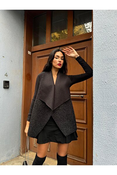 minaaise Kadın Siyah Asimetrik Kesim Keçe Kaşe Yelek 28122