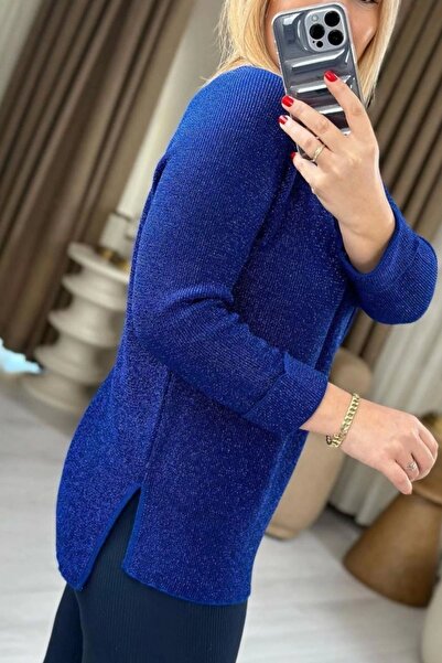 Bİ.GİYSEN Kadın Mavi Bisiklet Yaka SİMLİ İnce Tiriko Duble Kol Manşetli Bluz