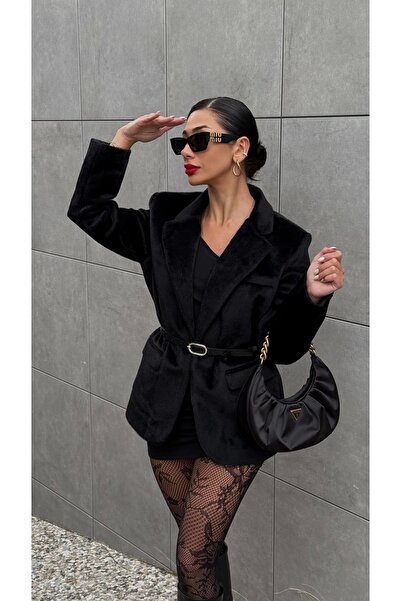 Myra Alpaca Texture Belted Black Plush Jacket