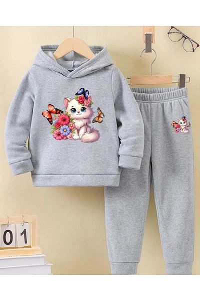 renkli diyar Long Sleeve Hooded Sweat and Pants Set for Girl - Nursery, Kindergarten, Primary School
