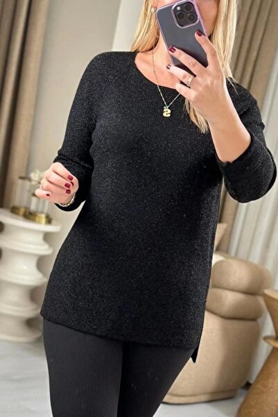 Bİ.GİYSEN بلوزة نسائية سوداء برقبة دائرية وأكمام مزدوجة من التريكو الرفيع مع ...