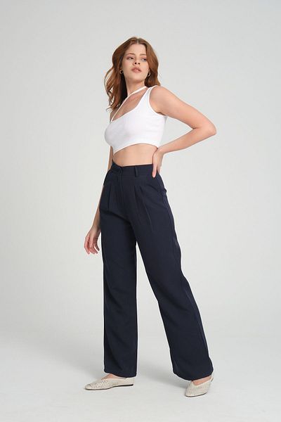 H&A İSTANBUL Women's Pleated Fabric navy blue high waist Palazzo Pants