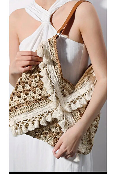 WOMANBAG El Yapımı Püskül Detay Tasarım Hasır Omuz Çantası