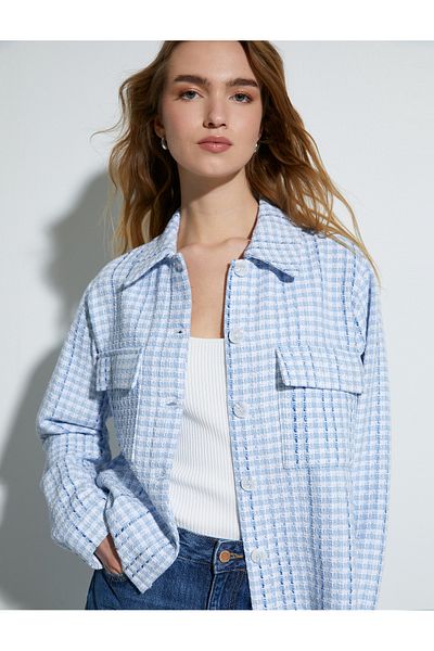 Koton Tweed Jacket with Flap Pockets Buttoned Cuff Collar
