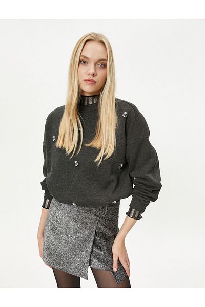 Koton Crew Neck Sweatshirt with Shiny Stones Regular Fit - Handmade Collection