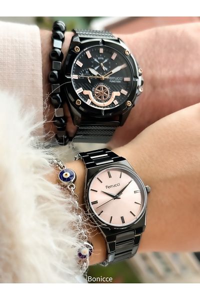 Ferrucci Brand Black Color Steel Cord Dear Couple Wristwatches+Bracelet