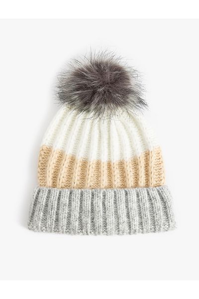 Koton Color Blocked Pompom Knitted Beanie - Fold Detailed