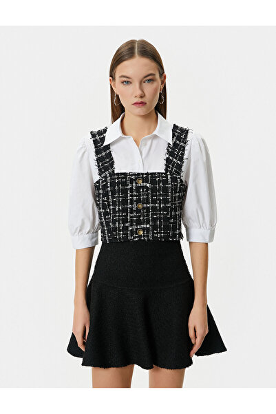 Koton Crop Tweed Shirt with Balloon Sleeve Button Detail and Two Different Fabric Uses