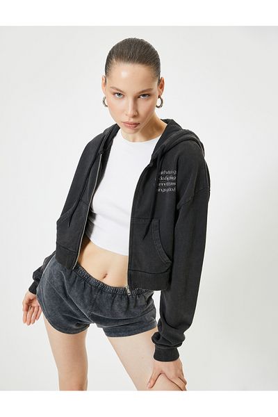 Koton Raster Zipper Hooded Sweatshirt Crop Pocket Print Detail Long Sleeve