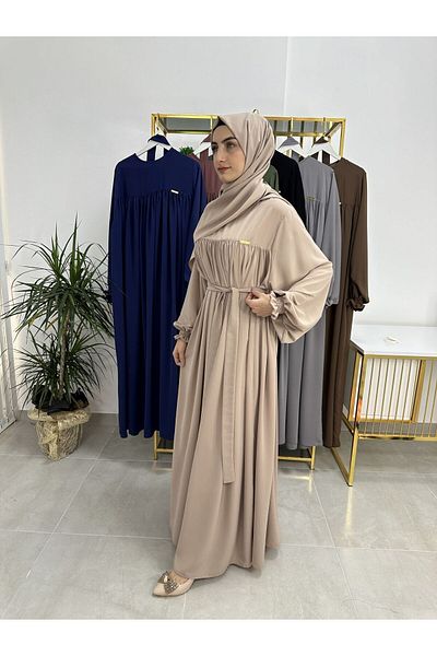 erasra class Beige Colored Belted Dress Set with Shawl and Top Robe - Hijap and Abaya